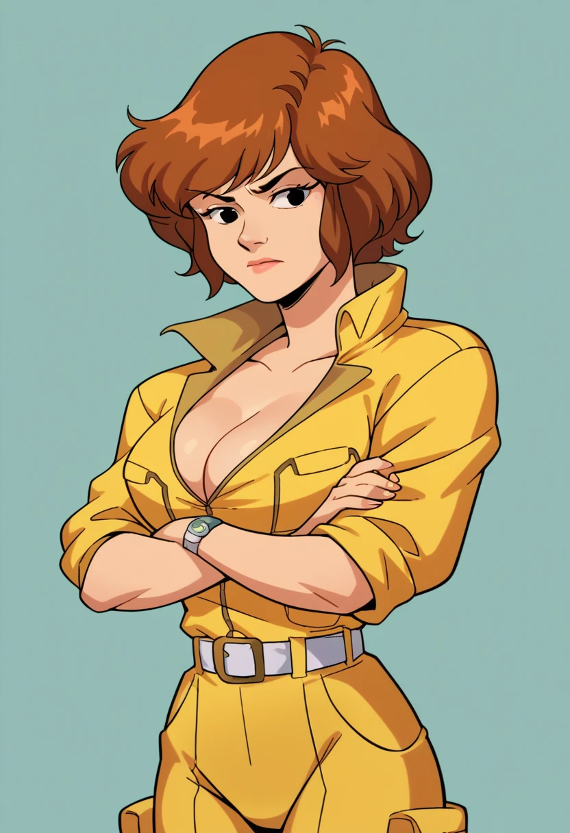 score_9,score_8_up,score_7_up, sourse_cartoon, retro artstyle, April80,1girl,short hair,black eyes,brown hair,cleavage,belt,white belt,wristwatch,jumpsuit,crossed arms, smilling,