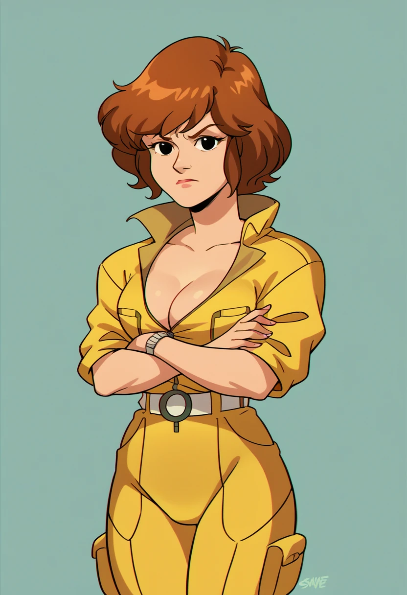 score_9,score_8_up,score_7_up, sourse_cartoon, retro artstyle, April80,1girl,short hair,black eyes,brown hair,cleavage,belt,white belt,wristwatch,jumpsuit,crossed arms, smilling,