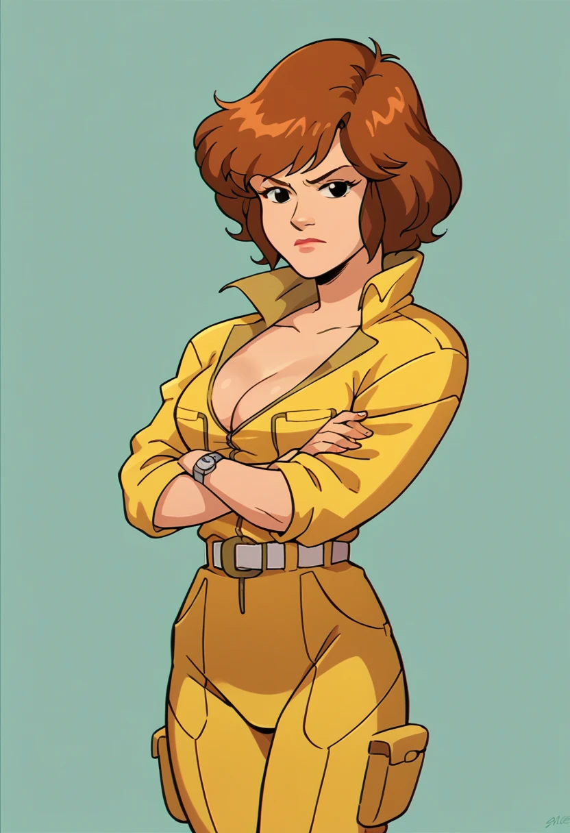 score_9,score_8_up,score_7_up, sourse_cartoon, retro artstyle, April80,1girl,short hair,black eyes,brown hair,cleavage,belt,white belt,wristwatch,jumpsuit,crossed arms, smilling,