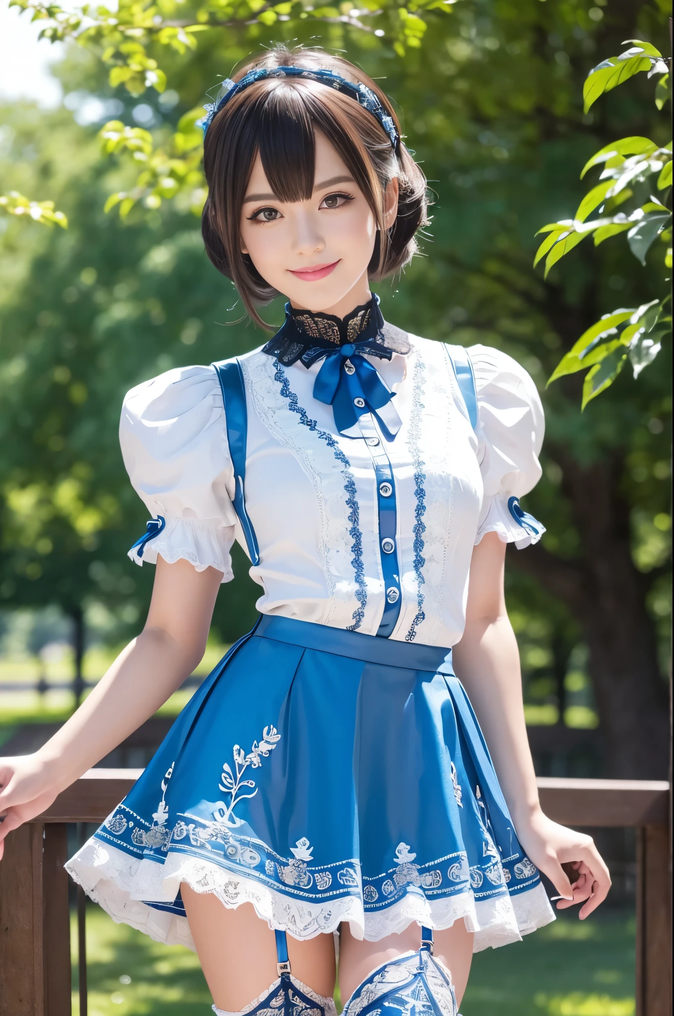 sexy stylish Swedish model, only 1 female, ((doll-like appearance)), very short stylish hair, ((shiny Aquors Love-Style boots)), (big smile), ultra detailed eyes,beautiful vivid eye makeup, lip-gloss, long lashes, defined eyebrows, ((sexy blue lines Aquors Love cosplay)), white bell-shaped skirt, petticoats, ((ultra detailed lace)), ((ultra detailed embroidery)), intricate details, Aquors Love accessoires, Aquors Love choker, cinematic light, detailed large park background with trees
