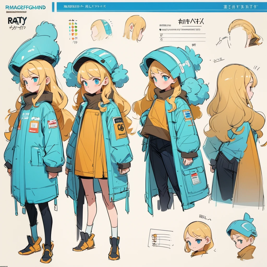 ((masterpiece)), (((Highest quality))), (Character design sheet, Full body of the same character, front, ~ side, return), figure, ((1 girl)), Blonde Hair Color, shy face , Long Curly Hair, Environmental changes, City Pose, shy, woman, Cute Costumes, Winter coat , Charton Betalora, Concept Art, character Concept Art, Character sketch, Reference Sheet, Character Sheet, ( returnground, white returnground: 1.3)