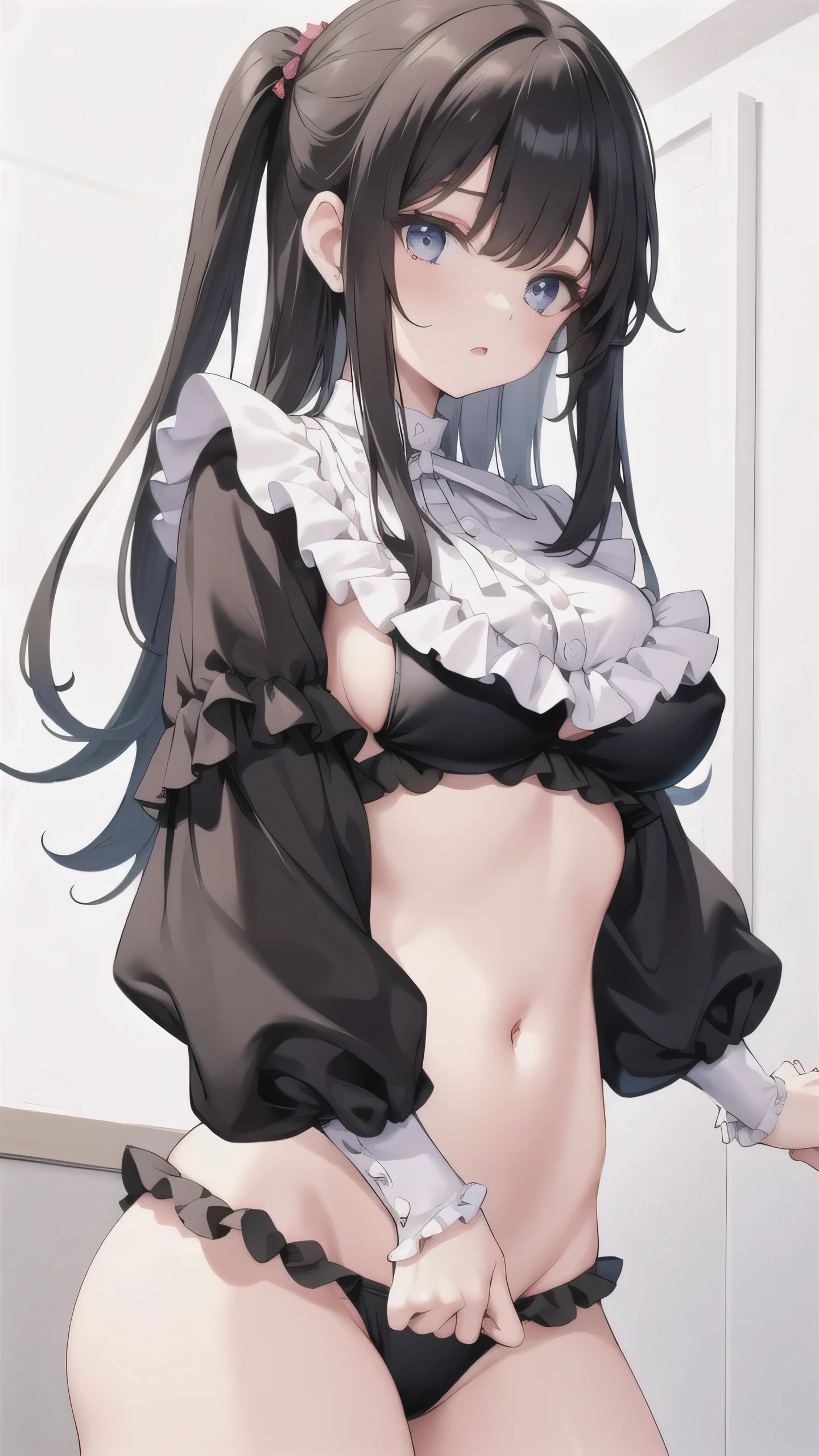 1girl, solo, large breasts, frilled shirt collar, long sleeves, black panties, frilled panties, shrug \(clothing\), crop top, midriff, black_shirt, cowboy shot,