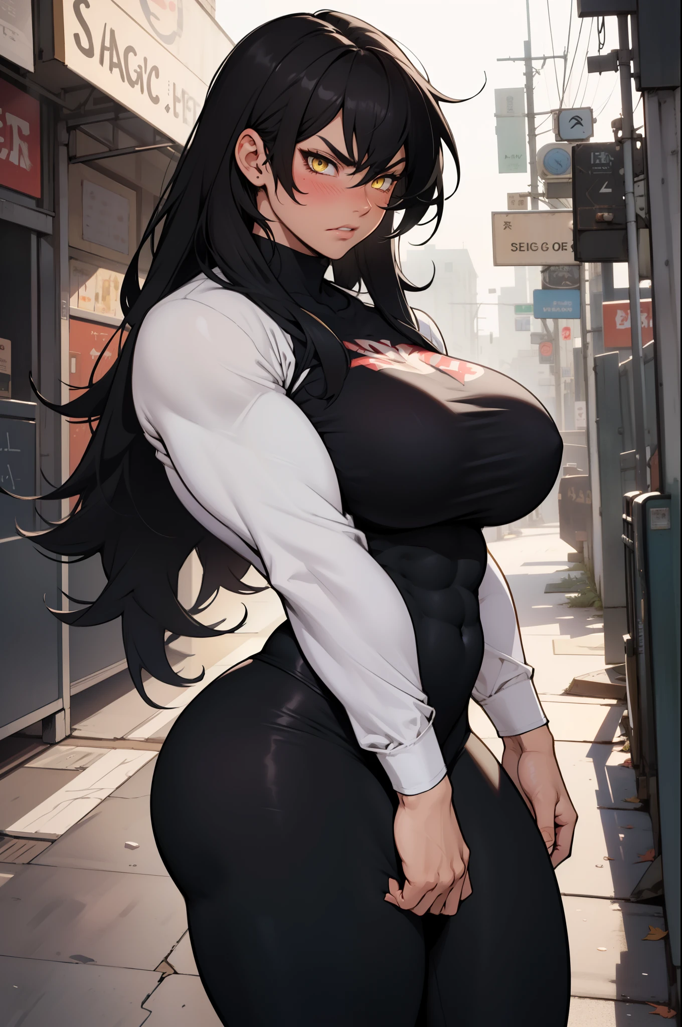 1girl solo black hair yellow eyes very long hair pale skin muscular muscular muscular muscular toned body huge muscles thick thighs girl tight clothes angry blushing messy hair leggings tight shirt long sleeves thick thick thick thick thick thick