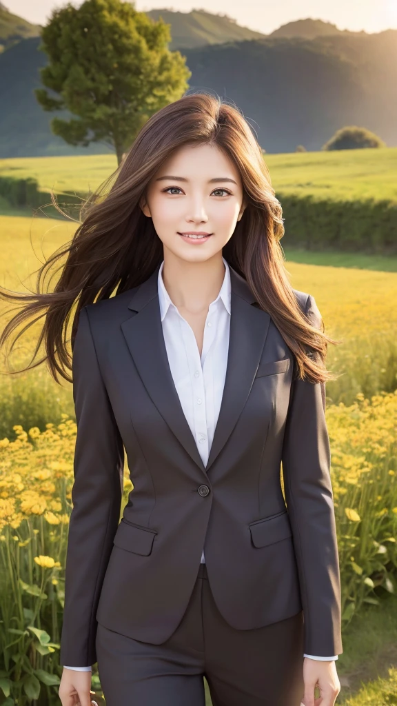 highest quality、genuine、Super detailed、finely、High resolution、8k wallpaper、one beautiful woman、、、light brown disheveled hair、wearing a business suit、sharp focus、perfect dynamic composition、beautiful and detailed eyes、thin hair、Detailed genuine skin texture、smile、model body shape、In a windswept meadow