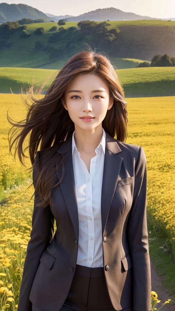 highest quality、genuine、Super detailed、finely、High resolution、8k wallpaper、one beautiful woman、、、light brown disheveled hair、wearing a business suit、sharp focus、perfect dynamic composition、beautiful and detailed eyes、thin hair、Detailed genuine skin texture、smile、model body shape、In a windswept meadow