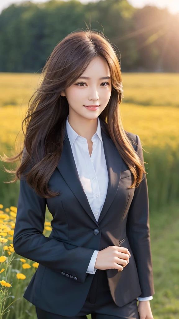 highest quality、genuine、Super detailed、finely、High resolution、8k wallpaper、one beautiful woman、、、light brown disheveled hair、wearing a business suit、sharp focus、perfect dynamic composition、beautiful and detailed eyes、thin hair、Detailed genuine skin texture、smile、model body shape、In a windswept meadow