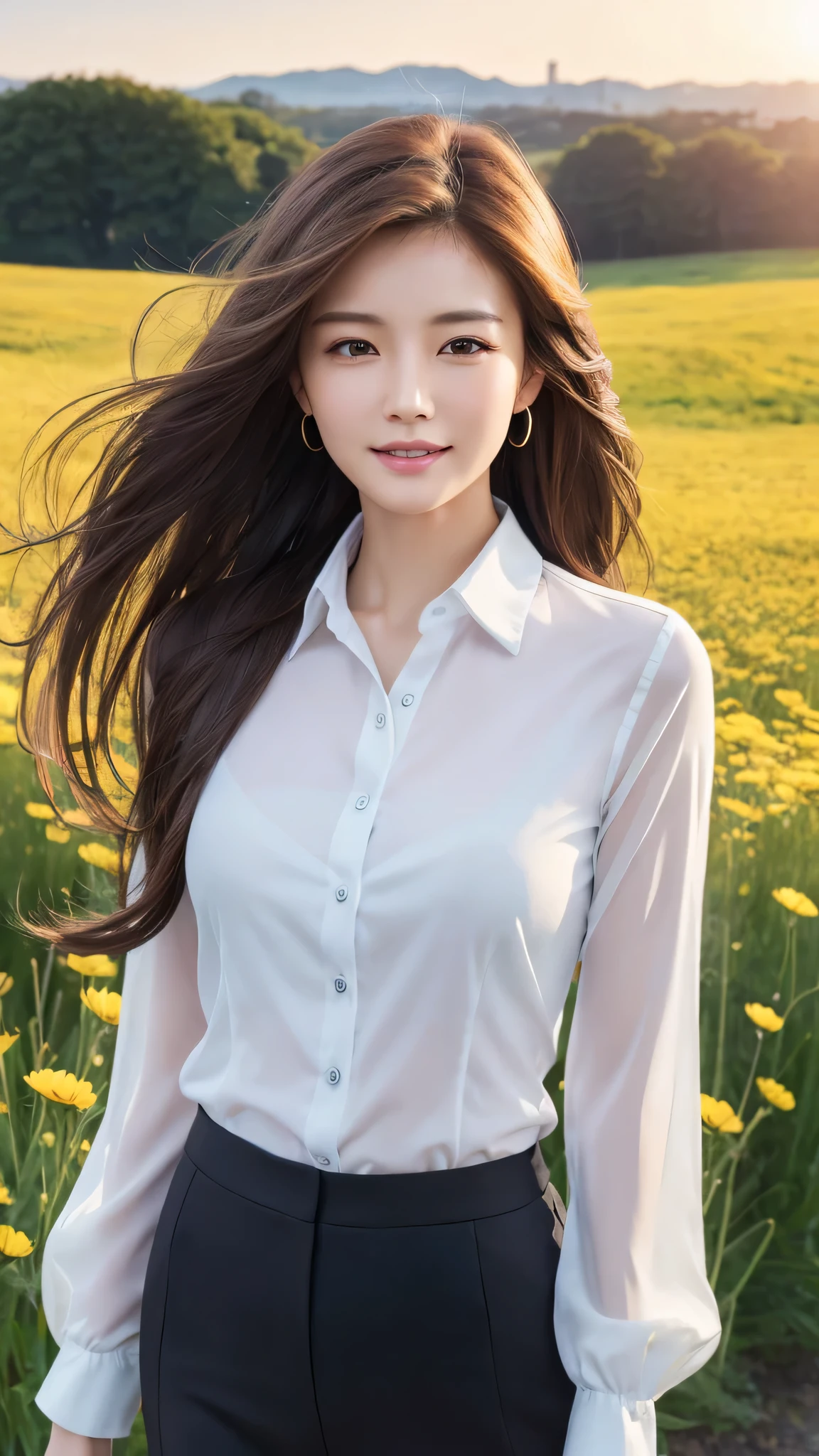 highest quality、genuine、Super detailed、finely、High resolution、8k wallpaper、one beautiful woman、、、light brown disheveled hair、wearing a business suit、sharp focus、perfect dynamic composition、beautiful and detailed eyes、thin hair、Detailed genuine skin texture、smile、model body shape、In a windswept meadow