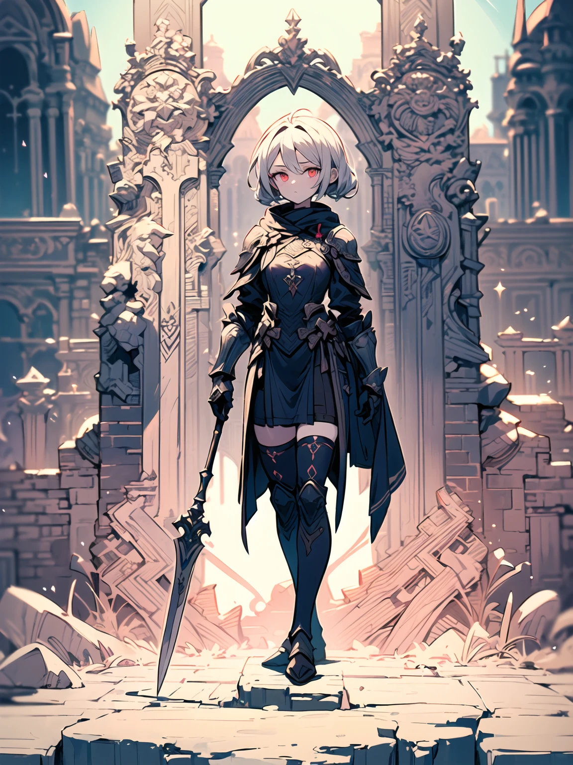 (((masterpiece, best quality, high detailed, 8k))) Design a layout showcase Gaming character, (1girl). Black|Gold clothes, stylish and unique. ((showcase weapon:1.4)), dark scythe. (masterpiece:1.2), (best quality), 4k, ultra-detailed. (Step by step design, layout art:1.5), (luminous lighting, atmospheric lighting). necromancer, ((glove full hands)), (((revealing clothes:1.3))), vambraces, armored legwear, (((full_body_shot:1.4))). {In a haunted graveyard}.