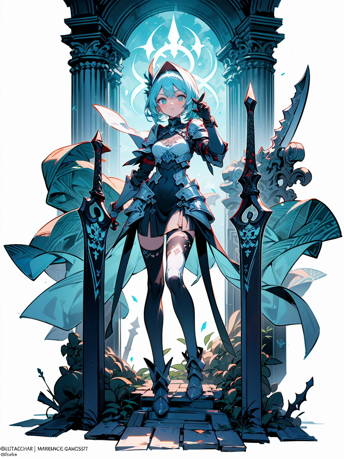 (((masterpiece, best quality, high detailed, 8k))) Design a layout showcase Gaming character, (1girl). Black|Gold clothes, stylish and unique. ((showcase weapon:1.4)), dark scythe. (masterpiece:1.2), (best quality), 4k, ultra-detailed. (Step by step design, layout art:1.5), (luminous lighting, atmospheric lighting). necromancer, ((glove full hands)), (((revealing clothes:1.3))), vambraces, armored legwear, (((full_body_shot:1.4))). {In a haunted graveyard}.