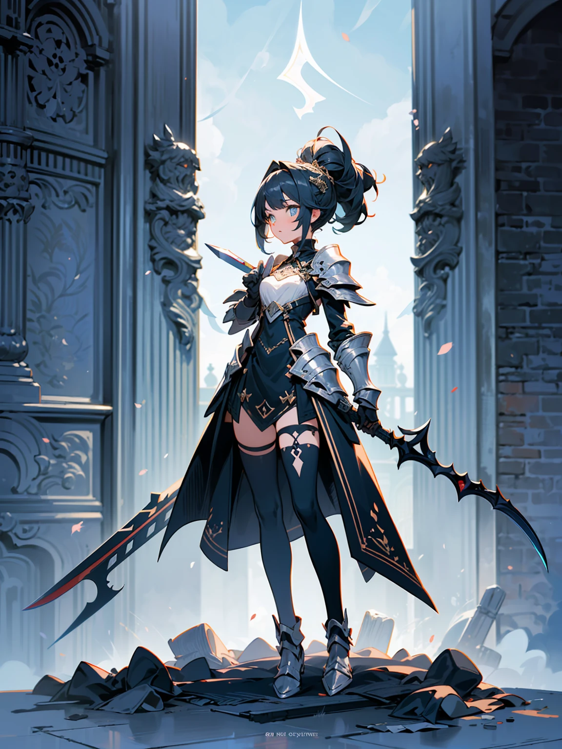 (((masterpiece, best quality, high detailed, 8k))) Design a layout showcase Gaming character, (1girl). Black|Gold clothes, stylish and unique. ((showcase weapon:1.4)), dark scythe. (masterpiece:1.2), (best quality), 4k, ultra-detailed. (Step by step design, layout art:1.5), (luminous lighting, atmospheric lighting). necromancer, ((glove full hands)), (((revealing clothes:1.3))), vambraces, armored legwear, (((full_body_shot:1.4))). {In a haunted graveyard}.