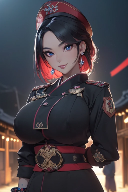 ((masterpiece, best quality, perfect eyes, perfect face, perfect anatomy, perfect lighting ((feudal Korean village)), ((Busty Bitches)), 1girl(1 milf))) ecchi chibi girl(g string, General military uniform,  bracelets, tattoo of dragons, colourful jewellery, dark magic, arrogant smile), (Night street in Asian village, bleak mist)