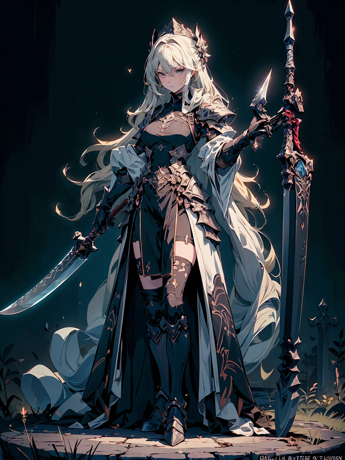 (((masterpiece, best quality, high detailed, 8k))) Design a layout showcase Gaming character, (1girl). Black|Gold clothes, stylish and unique. ((showcase weapon:1.4)), dark scythe. (masterpiece:1.2), (best quality), 4k, ultra-detailed. (Step by step design, layout art:1.5), (luminous lighting, atmospheric lighting). necromancer, ((glove full hands)), (((revealing clothes:1.3))), vambraces, armored legwear, (((full_body_shot:1.4))). {In a haunted graveyard}.