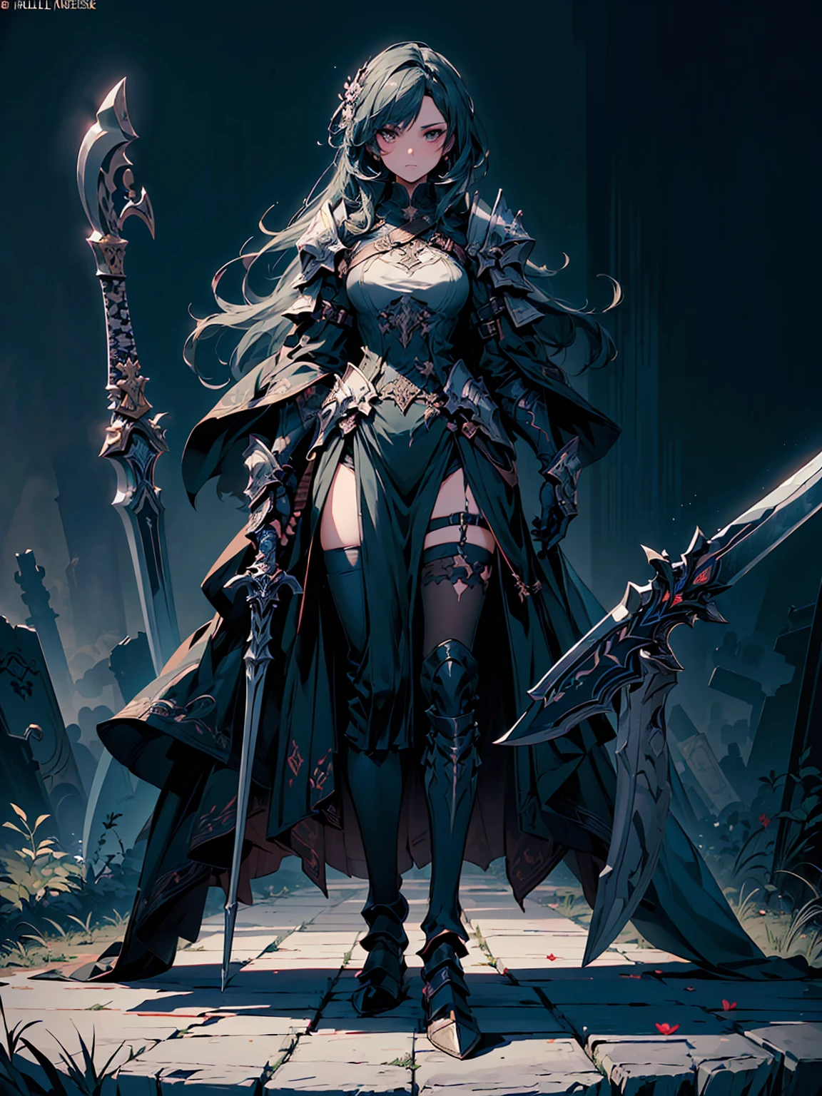 (((masterpiece, best quality, high detailed, 8k))) Design a layout showcase Gaming character, (1girl). Black|Gold clothes, stylish and unique. ((showcase weapon:1.4)), dark scythe. (masterpiece:1.2), (best quality), 4k, ultra-detailed. (Step by step design, layout art:1.5), (luminous lighting, atmospheric lighting). necromancer, ((glove full hands)), (((revealing clothes:1.3))), vambraces, armored legwear, (((full_body_shot:1.4))). {In a haunted graveyard}.