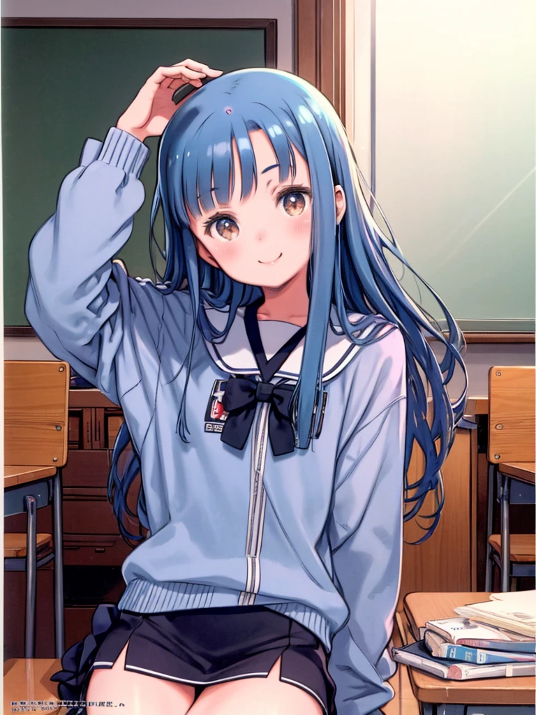 MinazukiKotoko, One girl, alone, , Blue Hair, Long Hair, smile, Brown eyes, 1990s (style), classroom, retro artstyle, Long sleeve, View your viewers, Headrest, Seraphim, Cowboy Shot, masterpiece, expensive quality, very_expensive_solve, big_file size, Full Color,