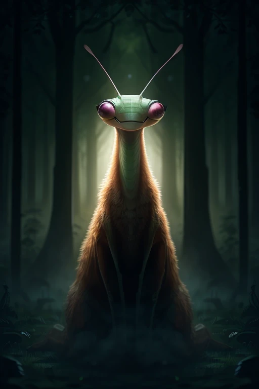 high resolution、Delicate depiction、８K、Fantasy、in the forest、昼なのに暗いin the forest、Creatures standing before your eyes、３meter、silhouette、２Benzu、upright、Fine details are not visible、Shadow、A monster similar to a praying mantis