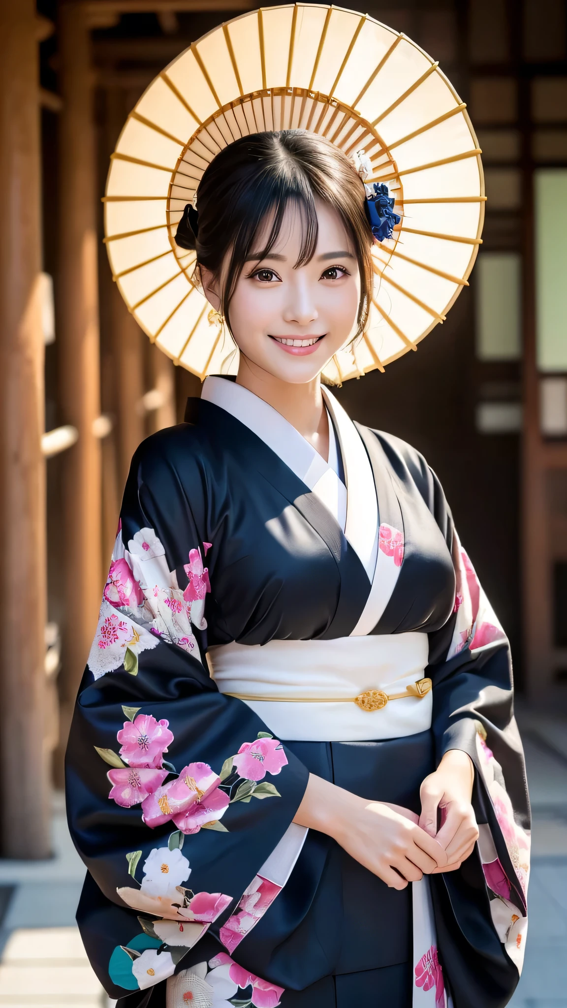 (Super beautiful woman in kimono)、((highest quality、8K masterpiece:1.3))、sharp focus:1.2、(super beautiful face:1.0)、(shiny skin:1.0)、realistic pictures、black hair、video lighting、High resolution eyes and face、video lighting、japanese actress、from the front、with a happy smile、whole body、wearing a kimono、in Kyoto、(luxury obi)、with a fan