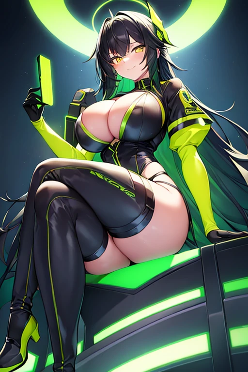 1girl, large breasts, thick thighs, yellow eyes, wide hips, (black hair), colored inner hair, (colored inner hair), green hair, smile, long hair, black bodysuit, bodysuit, shoes, green trim, science-fiction, futuristic, tech, neon trim, machinery, sitting, crossed legs, (ass), ass, cleavage cutout, cleavage, garter belt