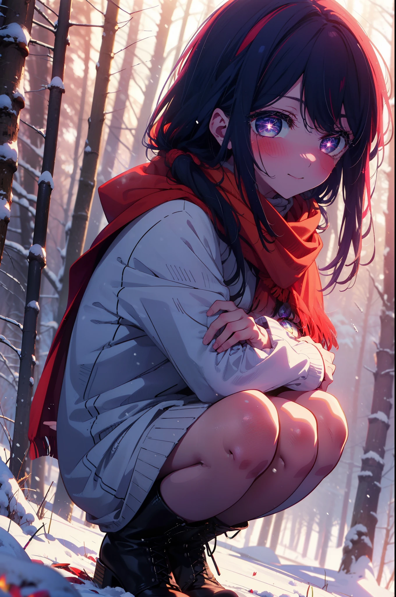 aihoshino, Ai Hoshino, Long Hair, bangs, (Purple eyes:1.1), Purple Hair, (Symbol-shaped pupil:1.5), smile,,smile,blush,white breath,
Open your mouth,snow,Ground bonfire, Outdoor, boots, snowing, From the side, wood, suitcase, Cape, Blurred, , forest, White handbag, nature, Squat, Mouth closed, Cape, winter, Written boundary depth, Black shoes, red Cape break looking at viewer, Upper Body, whole body, break Outdoor, forest, nature, break (masterpiece:1.2), Highest quality, High resolution, unity 8k wallpaper, (shape:0.8), (Beautiful and beautiful eyes:1.6), Highly detailed face, Perfect lighting, Highly detailed CG, (Perfect hands, Perfect ???????),