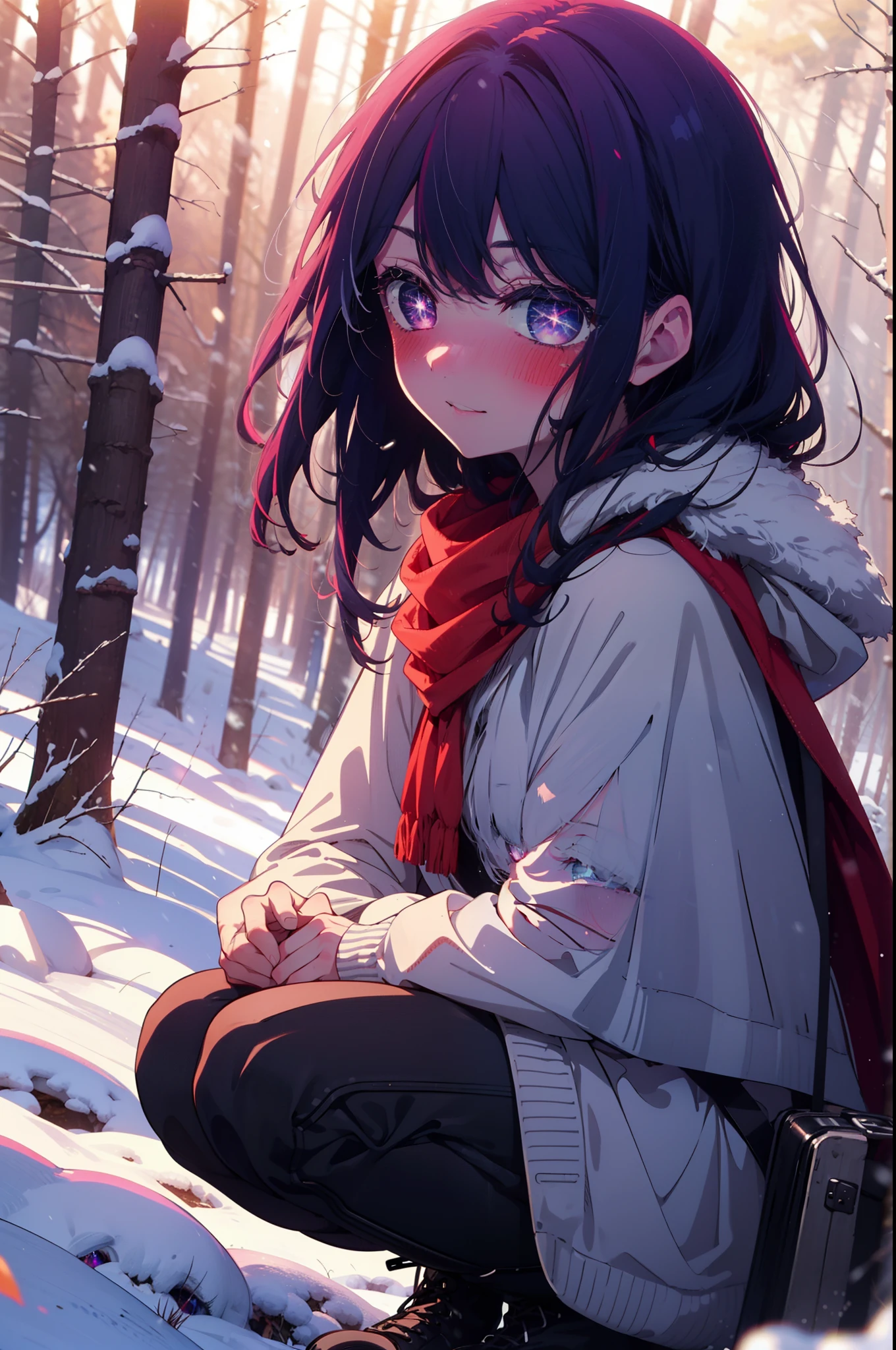 aihoshino, Ai Hoshino, Long Hair, bangs, (Purple eyes:1.1), Purple Hair, (Symbol-shaped pupil:1.5), smile,,smile,blush,white breath,
Open your mouth,snow,Ground bonfire, Outdoor, boots, snowing, From the side, wood, suitcase, Cape, Blurred, , forest, White handbag, nature,  Squat, Mouth closed, Cape, winter, Written boundary depth, Black shoes, red Cape break looking at viewer, Upper Body, whole body, break Outdoor, forest, nature, break (masterpiece:1.2), Highest quality, High resolution, unity 8k wallpaper, (shape:0.8), (Beautiful and beautiful eyes:1.6), Highly detailed face, Perfect lighting, Highly detailed CG, (Perfect hands, Perfect Anatomy),