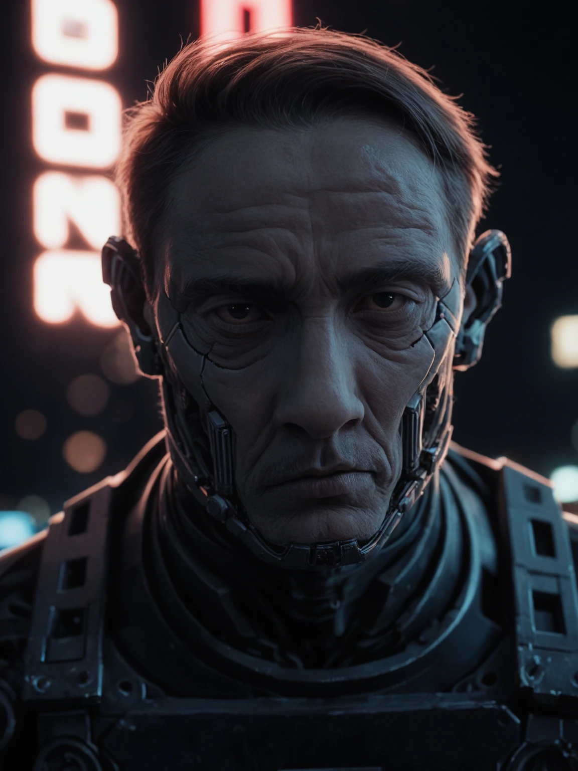 hyperrealism, photorealism, realism, masterpiece, best quality, perfect detail, perfect lighting, cyberpunk photo, realistic portrait, male cyborg, robotic face, half-human, robotic body, rusty body, old exoskeleton, simple black background, darkness, depth of field  , bokeh, neon lights, dull colors, muted colors, low light, film grain, analogue photography.