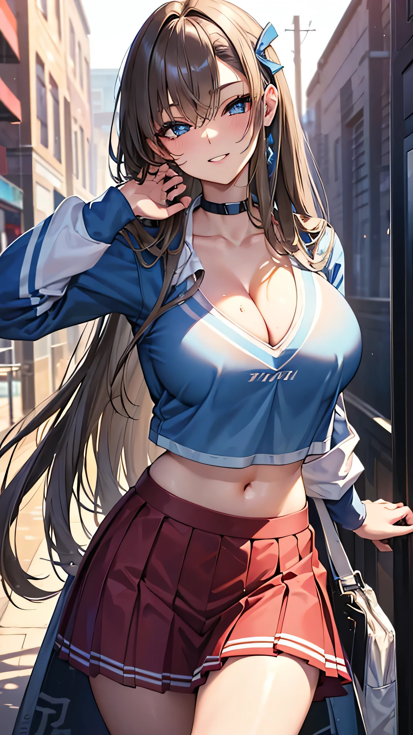 Highest Quality, ​masterpiece, Asuna ba, beautifully detailed eyes, blue eyes, hair over one eye, lightly curled Brown Hair, Gradient Hair, makeup, glossy lips, full lips, (large breasts:1.4), (cheerleader), cleavage, collarbone, midriff, (school field), smirk