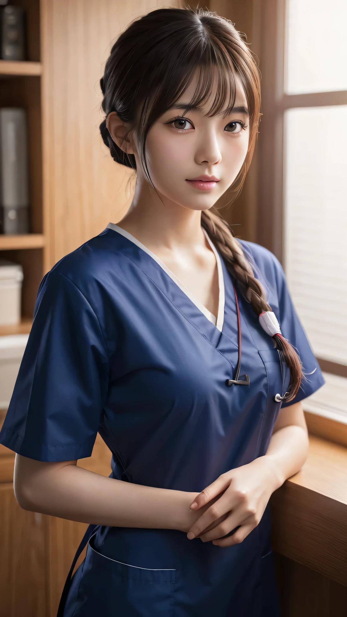 A beautiful young Japanese woman, around 20 years old, wearing a Nurses' Uniforms, ultra-detailed, 8K resolution, highly realistic, cinematic lighting, best quality, masterpiece, photorealistic, physically-based rendering, extremely detailed, vivid colors, professional, sharp focus, studio lighting