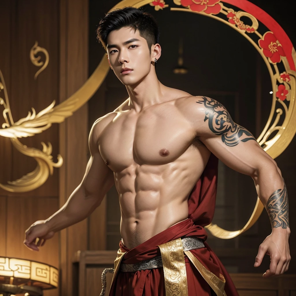 1 Handsome chinese slim guy fucking, having sex, full naked , 20 years old,hug, cuddle, touching lips, skin ship, romantic, Asian, chinese hansome actor, kpop idol, handsome male model,manly, master work, best picture quality, higher quality, high detail, super high resolution, 8k resolution, perfect eyes, perfect skin, manly jawline, manly chin, perfect hands, big chest muscles, bare chest, snake tattoos chest, tattoo hands, tattoo arms,earings, ancient pendents, braceles, glowing eyes, short hair, hair details, detailed background , open Hanfu transparent tulle jacket, ((red and golden clothes with silver decoration)), super sexy loincloth, naked, long big erection dick, detailed perfect dick shape, masturbate, Chinese garden background, Chinese kung fu, dragon-themed costumes, monk robes, spinning floating particles, chinese temple in background, looking at viewer