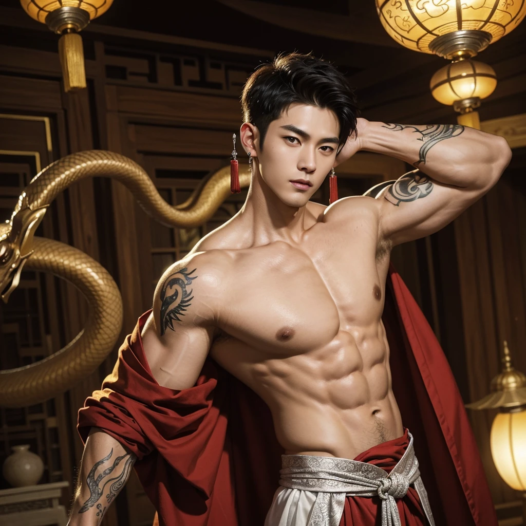 1 Handsome chinese slim guy fucking, having sex, full naked , 20 years old,hug, cuddle, touching lips, skin ship, romantic, Asian, chinese hansome actor, kpop idol, handsome male model,manly, master work, best picture quality, higher quality, high detail, super high resolution, 8k resolution, perfect eyes, perfect skin, manly jawline, manly chin, perfect hands, big chest muscles, bare chest, snake tattoos chest, tattoo hands, tattoo arms,earings, ancient pendents, braceles, glowing eyes, short hair, hair details, detailed background , open Hanfu transparent tulle jacket, ((red and golden clothes with silver decoration)), super sexy loincloth, naked, long big erection dick, detailed perfect dick shape, masturbate, Chinese garden background, Chinese kung fu, dragon-themed costumes, monk robes, spinning floating particles, chinese temple in background, looking at viewer