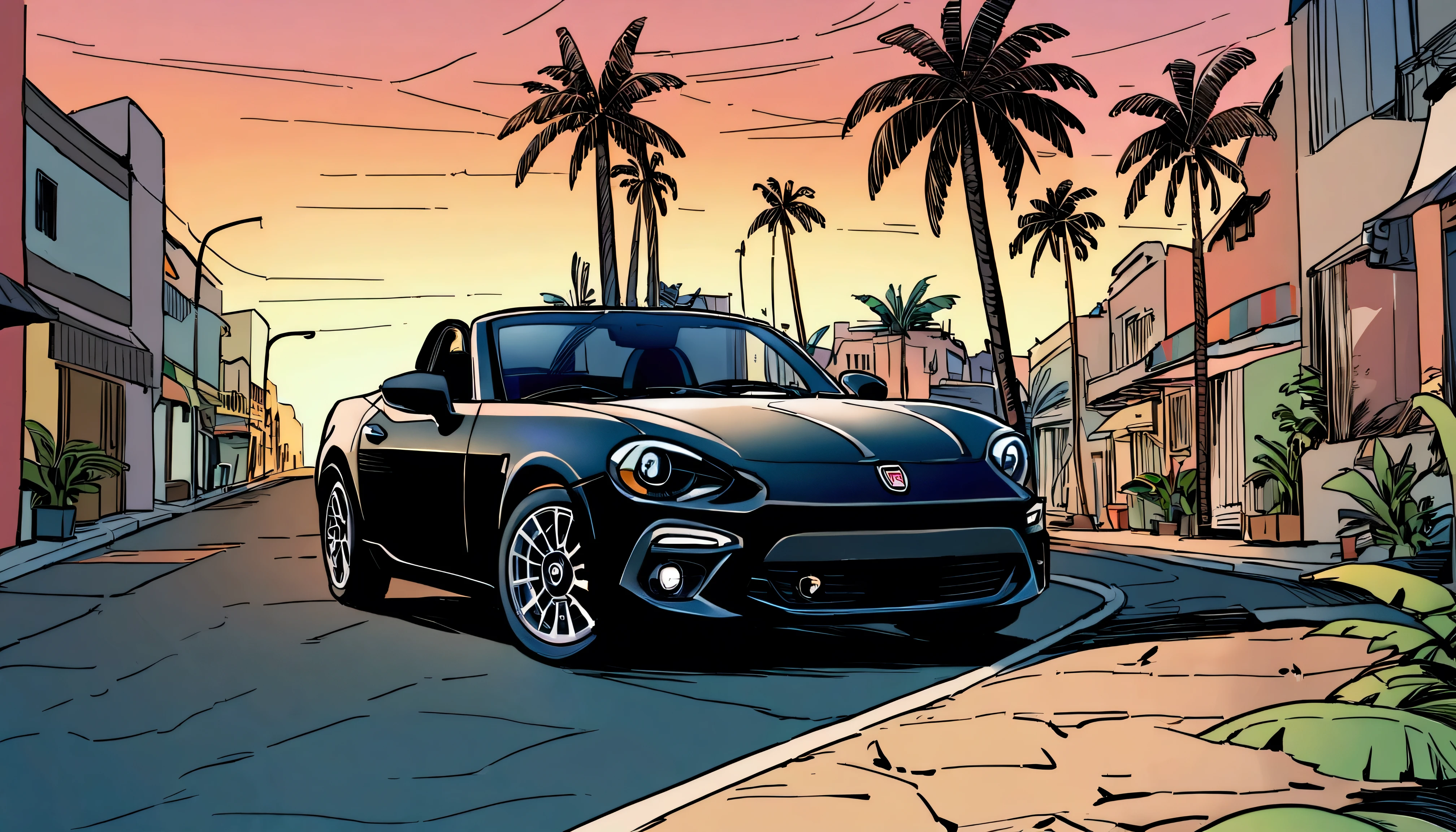 ((ＴShirt Design)), Fiat 850 Spider, Sunset background, Palm tree, Layers with 5 colors, Corner Street, Belek&#39;s Drums, Plethean, 