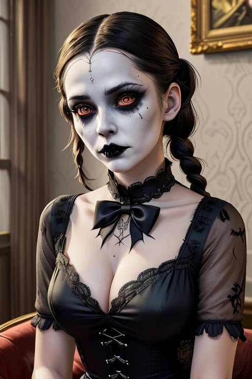 cosplay, spooky, , (hyperdetailed) illustration of  JaimeX as a real-life Wednesday Addams, (wearing a sexy gothgal outfit), black lace dress with a high white collar, pale skin, goth makeup, black hair parted down the middle, braided twintails, arms crossed, neutral expression, one arched eyebrow, (photorealistic:1.3), (detailed realistic skin:1.3), (detailed face and eyes), (masterpiece:1.5), (best quality:1.4), closeup, volumetric dim lighting, muted colors, parlor of a haunted house background,