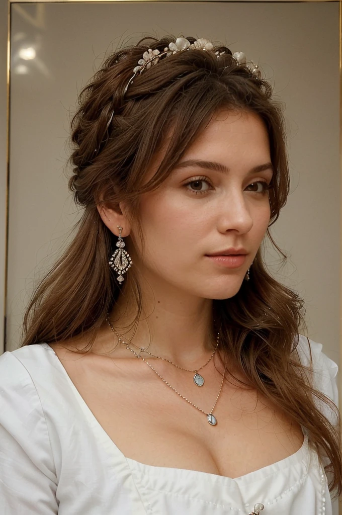 ((Meilleure qualité)), ((chef-d'œuvre)), (détaillé), Une jeune femme magnifique avec de longs cheveux bruns ondulés.Un visage délicat avec une peau éclatante, des yeux marron expressifs, et un sourire doux.
cheveux bruns ondulés et volumineux, légèrement décoiffés pour un look naturel.Accessoires : Des bijoux discrets comme des boucles d'oreilles en or et un collier fin.