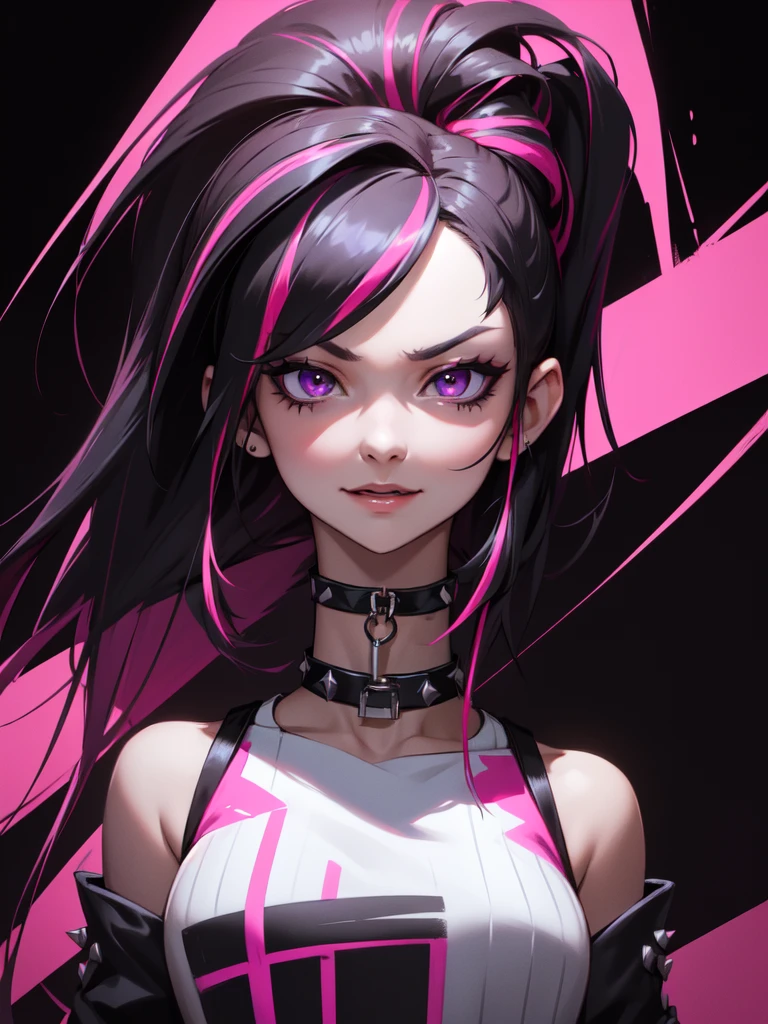 (((Portrait Photo))), She has the Appearance of Bold and Edgy Girl, with a Slim, Fashionable Build that Radiates Confidence. Her Long, Straight Black Hair is Accentuated by Vibrant Pink Streaks, Tied in a Spiky Short Ponytail, Adding a Striking and Rebellious Flair to Her Look. Her Dark Eyes are Intense and Expressive, Filled with a Sense of Mischief and Determination, Giving Her a Fierce and Charismatic Aura. Her Expression is Playful and Defiant, with a Smug, Confident Smile that Conveys a Sense of Boldness and Independence. (((High Quality, Dark Background))), (((Portrait Photo))), (((Streaked Hair))), (((Sleeveless Top with Straps and Loose Sleeves))), (((Choker)))