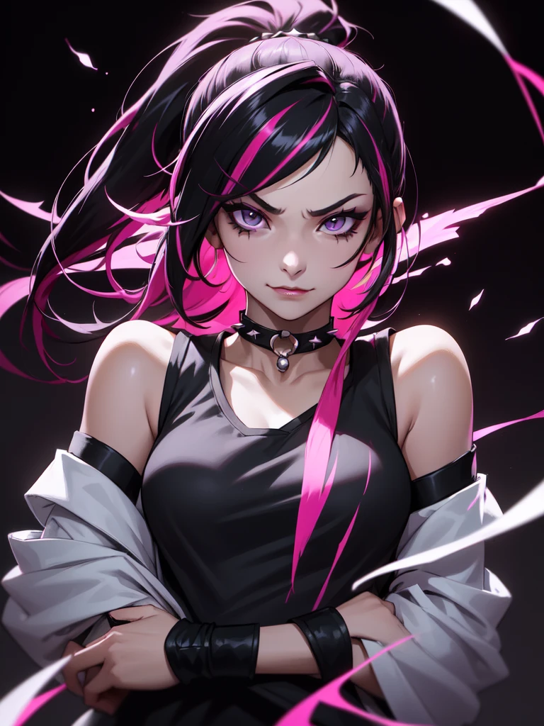 (((Portrait Photo))), She has the Appearance of Bold and Edgy Girl, with a Slim, Fashionable Build that Radiates Confidence. Her Long, Straight Black Hair is Accentuated by Vibrant Pink Streaks, Tied in a Spiky Short Ponytail, Adding a Striking and Rebellious Flair to Her Look. Her Dark Eyes are Intense and Expressive, Filled with a Sense of Mischief and Determination, Giving Her a Fierce and Charismatic Aura. Her Expression is Playful and Defiant, with a Smug, Confident Smile that Conveys a Sense of Boldness and Independence. (((High Quality, Dark Background))), (((Portrait Photo))), (((Streaked Hair))), (((Sleeveless Top with Straps and Loose Sleeves))), (((Choker)))