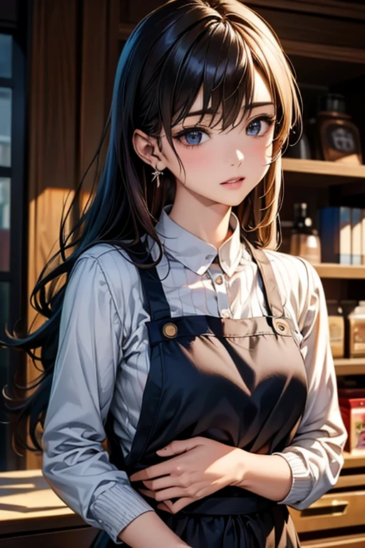 highest quality, masterpiece, 8K, photorealist,  ultra high resolution, very delicate and beautiful, HDR, cinematic lighting, medium shot, portrait, perfect female body, Beautiful woman, mature woman, contrasting, put your hand on your head, looking at the viewer, (Female pastry chef、white clothes、apron、conditioning cap、Frangipani)、dessert、sweets、cake、Macaron、chocolate、Fresh cream、fruits、artistic decoration、Precision craftsmanship、Taste balance、scent、color、texture、utensil、whip、Baked goods、creativity、passion、Professionalism