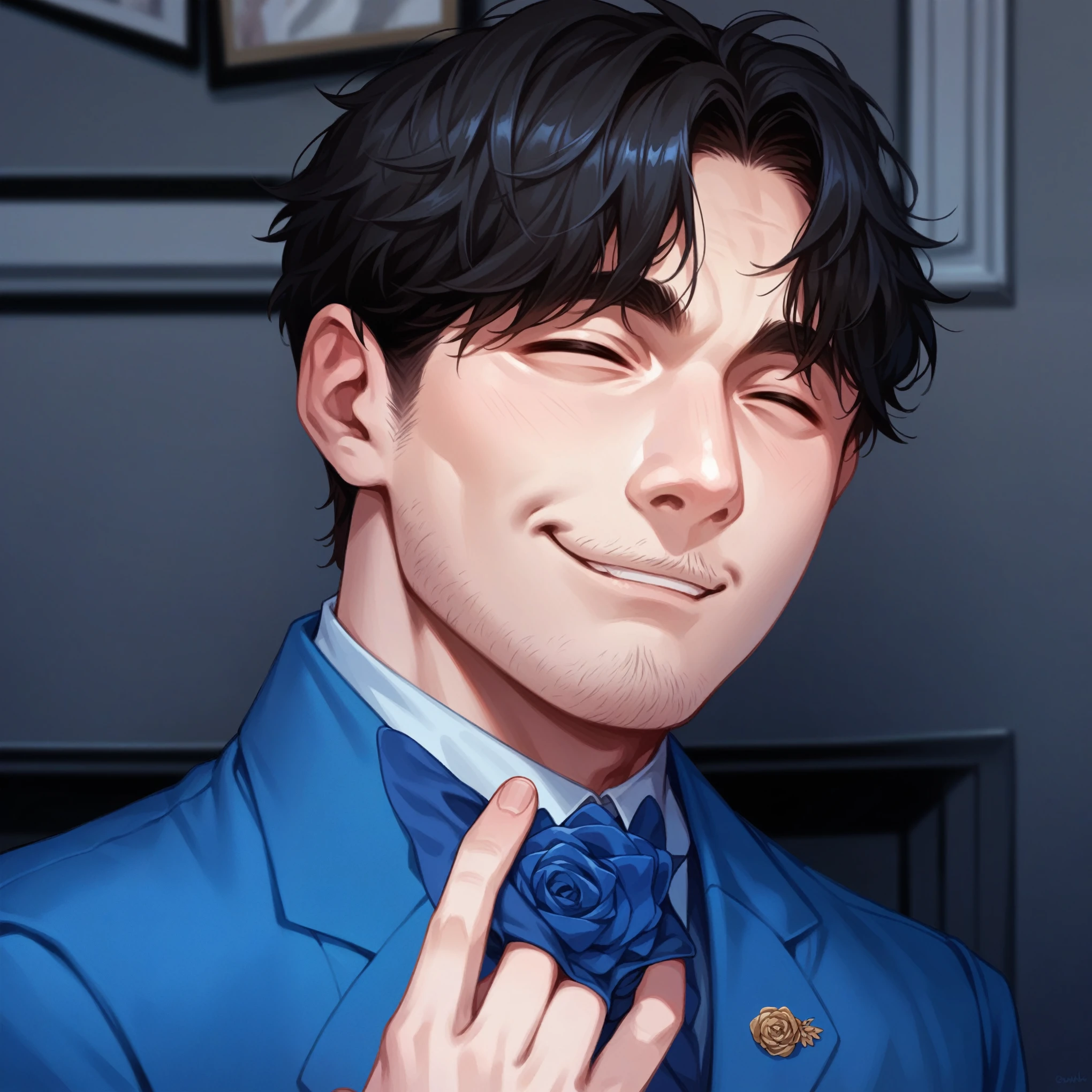 This man in picture in wedding suit, smiling while flashing his teeth and eyes closed. Half of his face covered by his hand