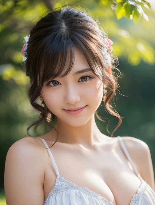8k,Japanese woman looking at the garden,Super Beauty(Like the real thing),White Dress,Beautiful views,Brown curly hair,Expose your shoulders, Hairstyle, Beautiful expression,blue eyes, Messy, I am proud, Absurd, Elegant Dresses, Royalty, celebration, Hall decorated with flowers, Cowboy Shot, Portraiture, (Highest quality), (Tabletop), (Very detailed), masterpiece,Highest qualityのフォトリアリスティックなRAW写真。Backlight, Cinema Lighting, Film Grain, to be born, 50mm lens, Nikon D850,Ultra-Realistic Skin,Fantasy art,Character Art,Ultra-high resolution,Muscular and lean build,完璧なhand,Compensate,Bust shot close-up,Dynamic pose,Very large breasts,Big smile,hand,