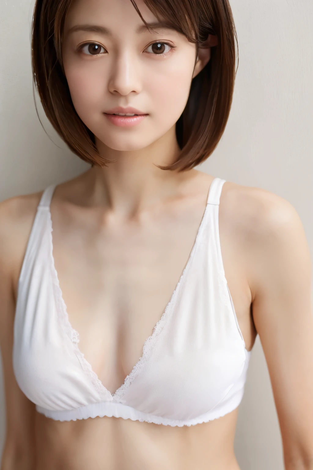 Japanese, short stature woman, physique, short arm, long slit eyes, fleeting atmosphere, 30 year old, brown bob hair, ((thin lips)), white top and bottom underwear, musterpiece, best quality, detailed skin, detailed face, detailed eyes, 8K, good anatomy, upper body portrait