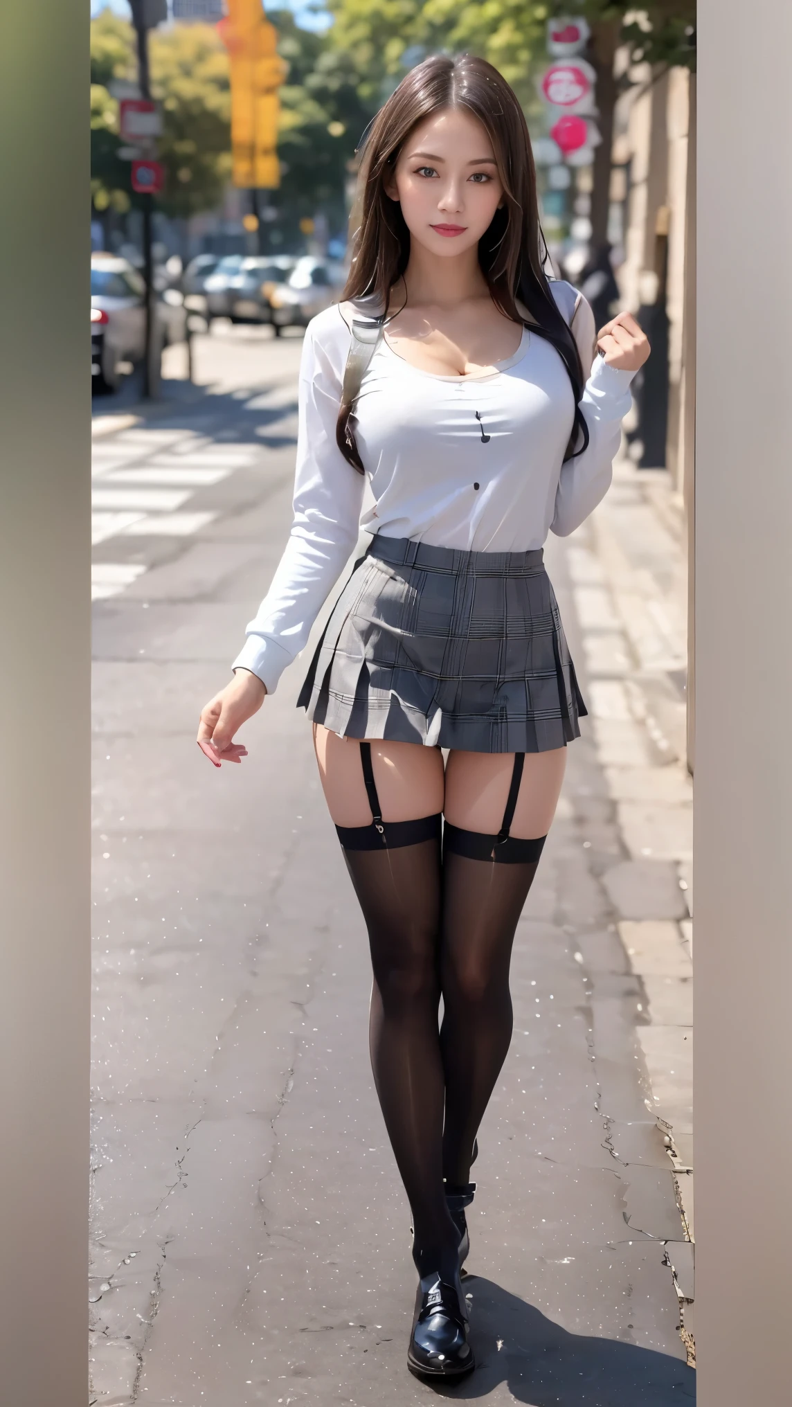 (((There is one girl:1.5))), Mary R.,(((A tall high school girl with a model figure))),Perfect proportions,(Standing facing this),Full body photography,(wide thighs, Very long legs),Fleshy,Mid-chest,(((Cleavage))),Breast enlargement,swelling of the nipples,Unbutton your shirt,Loafer Asterpiece on the ground:1.3),((8k, Photorealistic:1.4,Surreal,RAW Photos, highest quality: 1.4,Ultra high definition,Super detailed)), Beautiful Face,(Realistic face),(Brown's shortcuts:1.3),Short Hair,Disheveled Hair,Fluffy hair,Detailed eyes,Realistic beautiful skin,Golden Ratio,Super cute,Open your mouth a little,smile,High school girl in summer clothes,White shirt,Sweaty,Wetty,(Wet shirt),See-through shirt,Light clothing,Surreal school girl,pleated micro mini skirt,Checkered micro mini skirt,Pleated miniskirt with tartan check,((I can see your panties!!)),pantyhose,(Black Stockings),((Knee-high stockings)),loafers,Esbian all over,High school girl wearing JK uniform,Sexy pose,Anatomically accurate body,Precisely drawn fingers,beauty girl, sexy girl