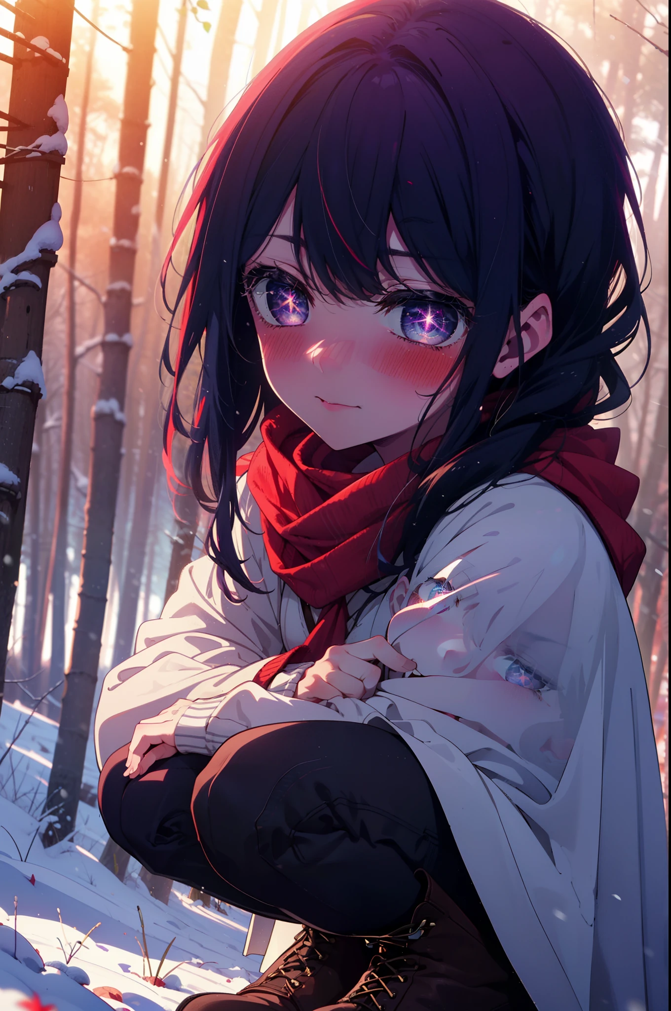 aihoshino, Ai Hoshino, Long Hair, bangs, (Purple eyes:1.1), Purple Hair, (Symbol-shaped pupil:1.5), smile,,smile,blush,white breath,
Open your mouth,snow,Ground bonfire, Outdoor, boots, snowing, From the side, wood, suitcase, Cape, Blurred, , forest, White handbag, nature, Squat, Mouth closed, Cape, winter, Written boundary depth, Black shoes, red Cape break looking at viewer, Upper Body, whole body, break Outdoor, forest, nature, break (masterpiece:1.2), Highest quality, High resolution, unity 8k wallpaper, (shape:0.8), (Beautiful and beautiful eyes:1.6), Highly detailed face, Perfect lighting, Highly detailed CG, (Perfect hands, Perfect Anatomy),
