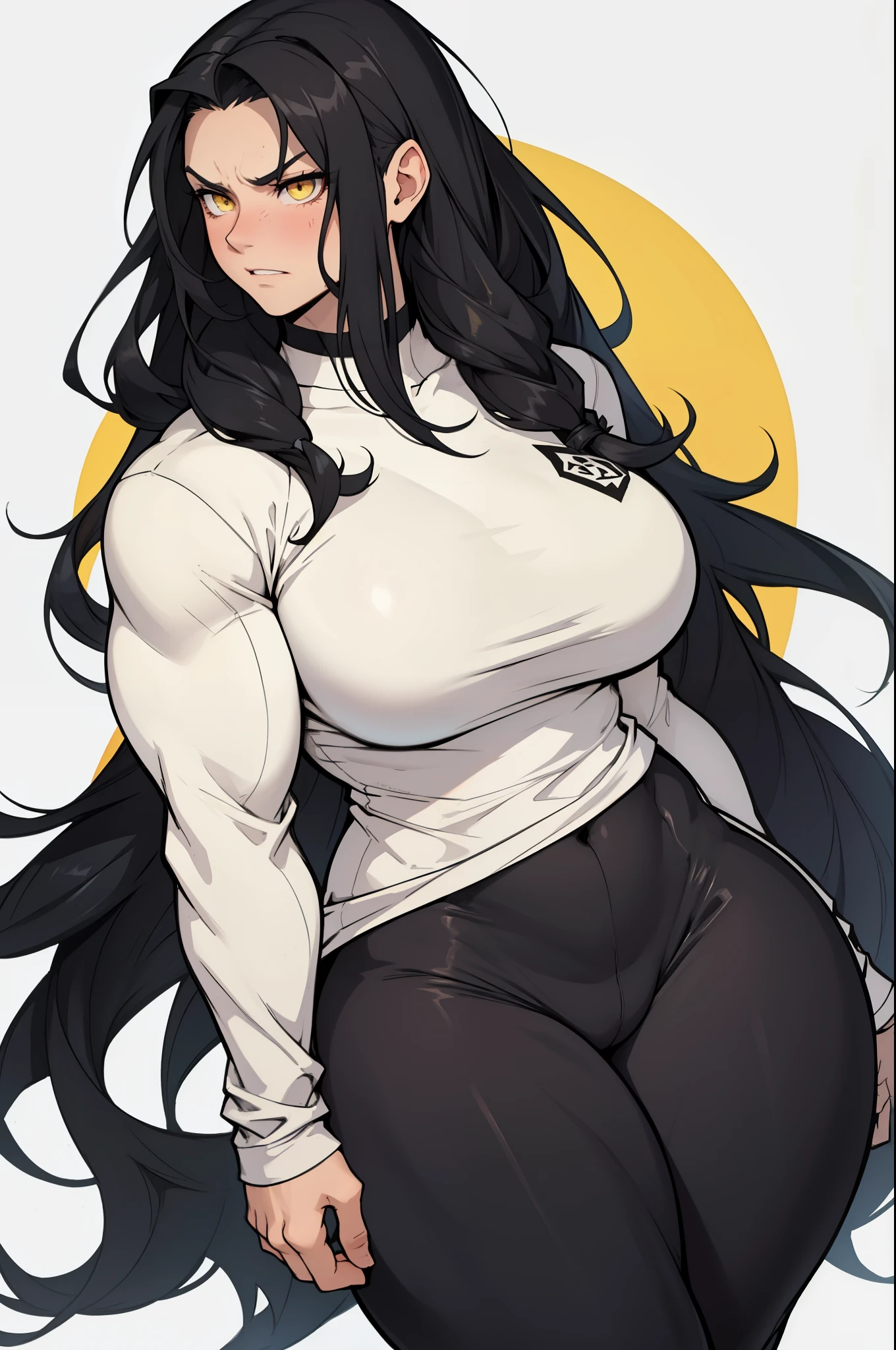 1girl solo black hair yellow eyes very long hair pale skin muscular muscular muscular muscular toned body huge muscles thick thighs girl tight clothes angry blushing messy hair leggings tight shirt long sleeves thick thick thick thick thick thick