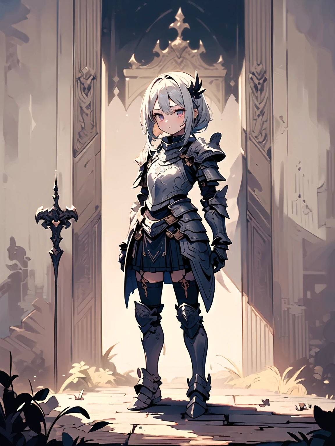 (((masterpiece, best quality, high detailed, 8k))) Design a layout showcase Gaming character, (1girl). Black+Gold armor, stylish and unique. ((showcase weapon:1.4)), dark scythe. (masterpiece:1.2), (best quality), 4k, ultra-detailed. (Step by step design, layout art:1.5), (luminous lighting, atmospheric lighting). necromancer, ((glove full hands)), (((revealing armor:1.3))), vambraces, armored legwear, (((full_body_shot:1.4))). {In a haunted graveyard}.