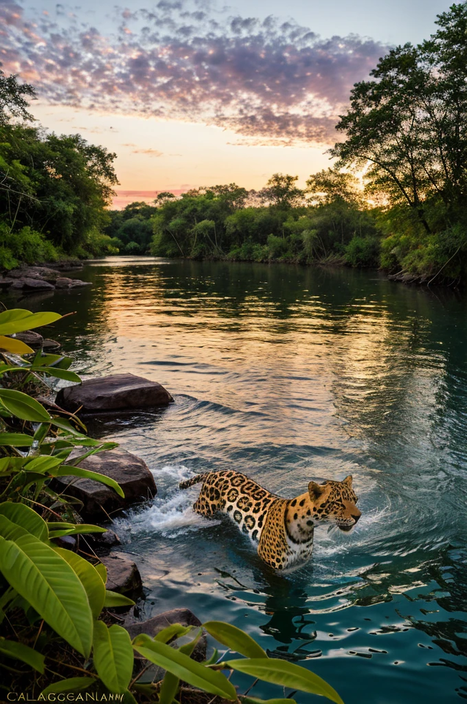 Portrait of a jaguar swimming in its natural habitat. Some vegetation in the background. afternoon time, colorful sky. national georaphy photography, wildlife photography. In the style of Frans Lanting. realistic photography. Ultra HD HDR 32k. --at 5.1, AR 16:9, -- Chaos 1