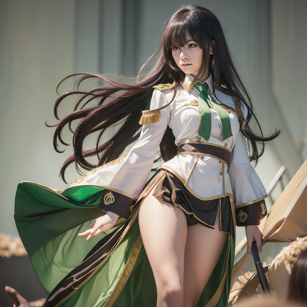 A beautiful young woman with long bangs, flowing black hair, wearing a white shirt, green skirt, and a red tie, posing gracefully and elegantly, 8k, highly detailed, photorealistic, studio lighting, dramatic chiaroscuro lighting, ambient occlusion, depth of field, cinematic composition, masterpiece, standing elegant, green eyes