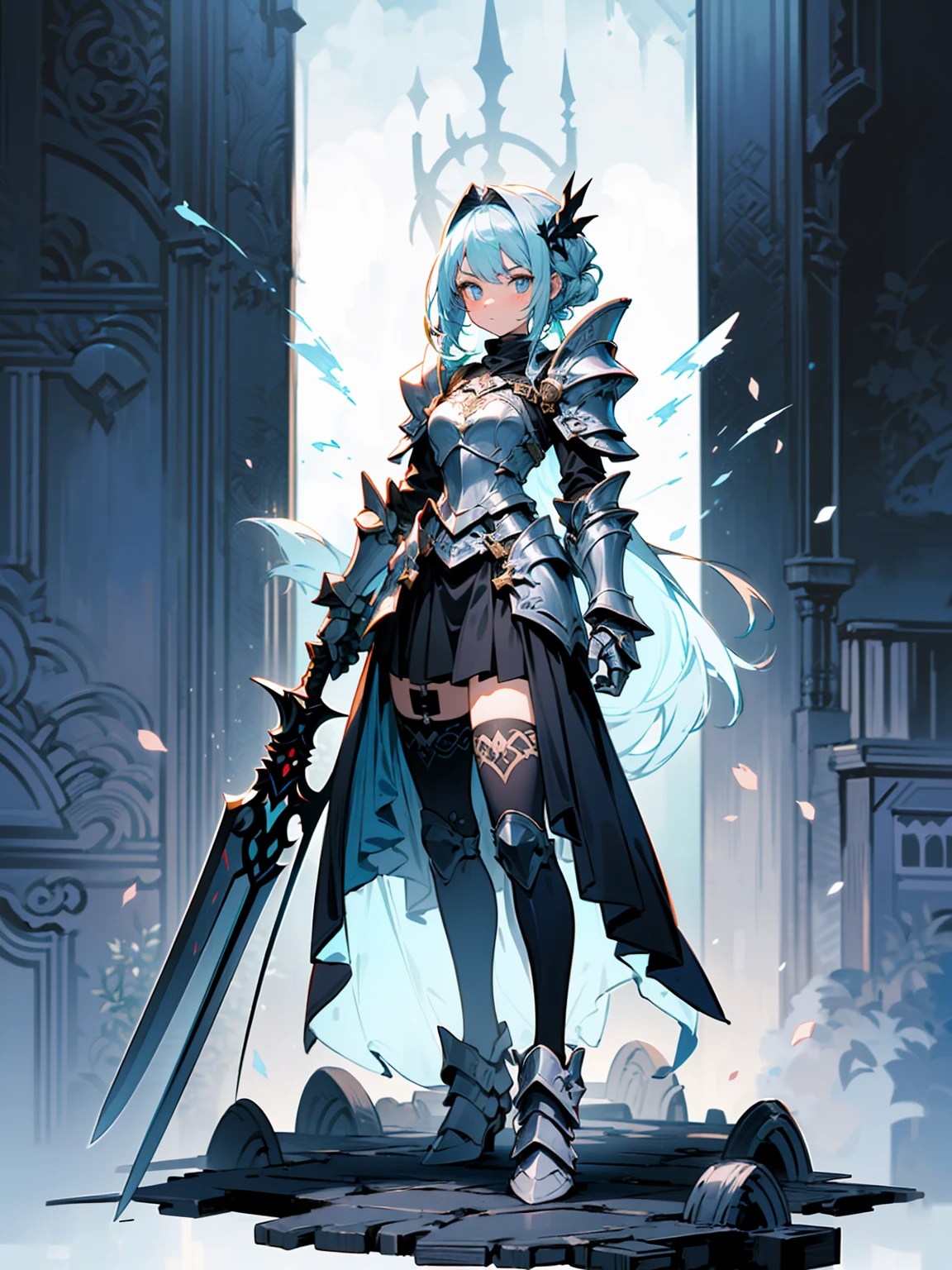 (((masterpiece, best quality, high detailed, 8k))) Design a layout showcase Gaming character, (1girl). Black+Gold armor, stylish and unique. ((showcase weapon:1.4)), dark scythe. (masterpiece:1.2), (best quality), 4k, ultra-detailed. (Step by step design, layout art:1.5), (luminous lighting, atmospheric lighting). necromancer, ((glove full hands)), (((revealing armor:1.3))), vambraces, armored legwear, (((full_body_shot:1.4))). {In a haunted graveyard}.
