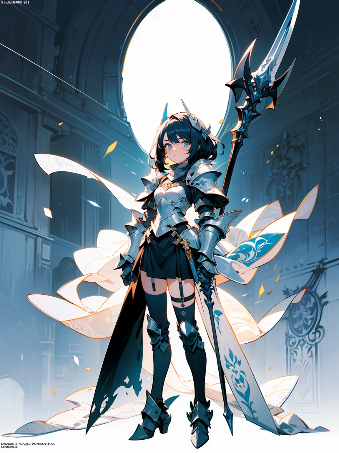 (((masterpiece, best quality, high detailed, 8k))) Design a layout showcase Gaming character, (1girl). Black+Gold armor, stylish and unique. ((showcase weapon:1.4)), dark scythe. (masterpiece:1.2), (best quality), 4k, ultra-detailed. (Step by step design, layout art:1.5), (luminous lighting, atmospheric lighting). necromancer, ((glove full hands)), (((revealing armor:1.3))), vambraces, armored legwear, (((full_body_shot:1.4))). {In a haunted graveyard}.