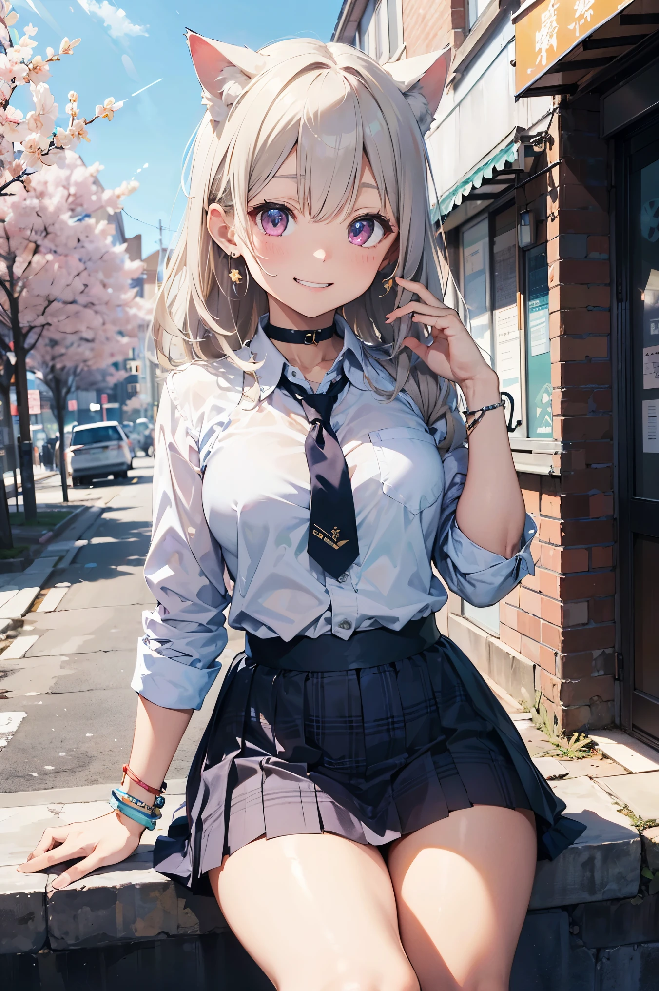 (((masterpiece))), (((Highest quality))), ((Very detailed)), ((Very detailedなイラスト)), ((Ultra-fine painting)), (16K Highest quality wallpaper:1.4), (Detailed and elaborate illustration style,:1.8) Detailed skin texture, High quality fabric, , (T-masterpiece), (Very detailedな顔:1.4), original, RAW Photos, Professional, Intricate details, Very detailed, Direct sunlight:1.6, ,(Cowboy Shot:1.9)、(Perfect ???????:1.4), (Extremely elaborate hands:1.2), (Very elaborate fingers:1.2), (Very elaborate fingers先:1.2),, (alone:1.6), (beautiful and adorable cat ears:1.6), (Intricate and delicate cat ears:1.4), (beautiful, Shiny white hair:1.6), (Very fine and delicate white hair:1.4),, (Very detailedな顔:1.4),(Light purple eyes:1.4),(smile:1.4),,  whole body,Sit down、Waliza、Sitting with legs crossed、
One Girl, bangs, black choker, black tie, blonde, blue skirt, blush, bracelet, chest, choker, clothes Surrounding area waist, clavicle, collared shirt, Cowboy Shot, dress shirt, ear Earrings, Eyebrows visible through hair, Gradient Hair, Grin, Improve, jewelry, Kogal, Long Hair, View your audience, loose tie, tie, Earrings, Plaid, Plaid skirt, pleated skirt, Red eyes, ring, , shirt, skirt, smile, alone, white shirt,
street, null, cherry blossoms, petal,shape, (magazine:1.3), (cover-style:1.3), fashionable, woman, Vibrant, Costumes, stop temporarily, front, colorful, dynamic, background,  element, Be confident, performance, Holding, statement, accessories, Majestic, Coiled, Surrounding area, touch, scene, article, cover, bold, to attract attention, title, stylish, font, Catchy, Heading, big, impressive, Modern, tendency, concentrate, fashion,