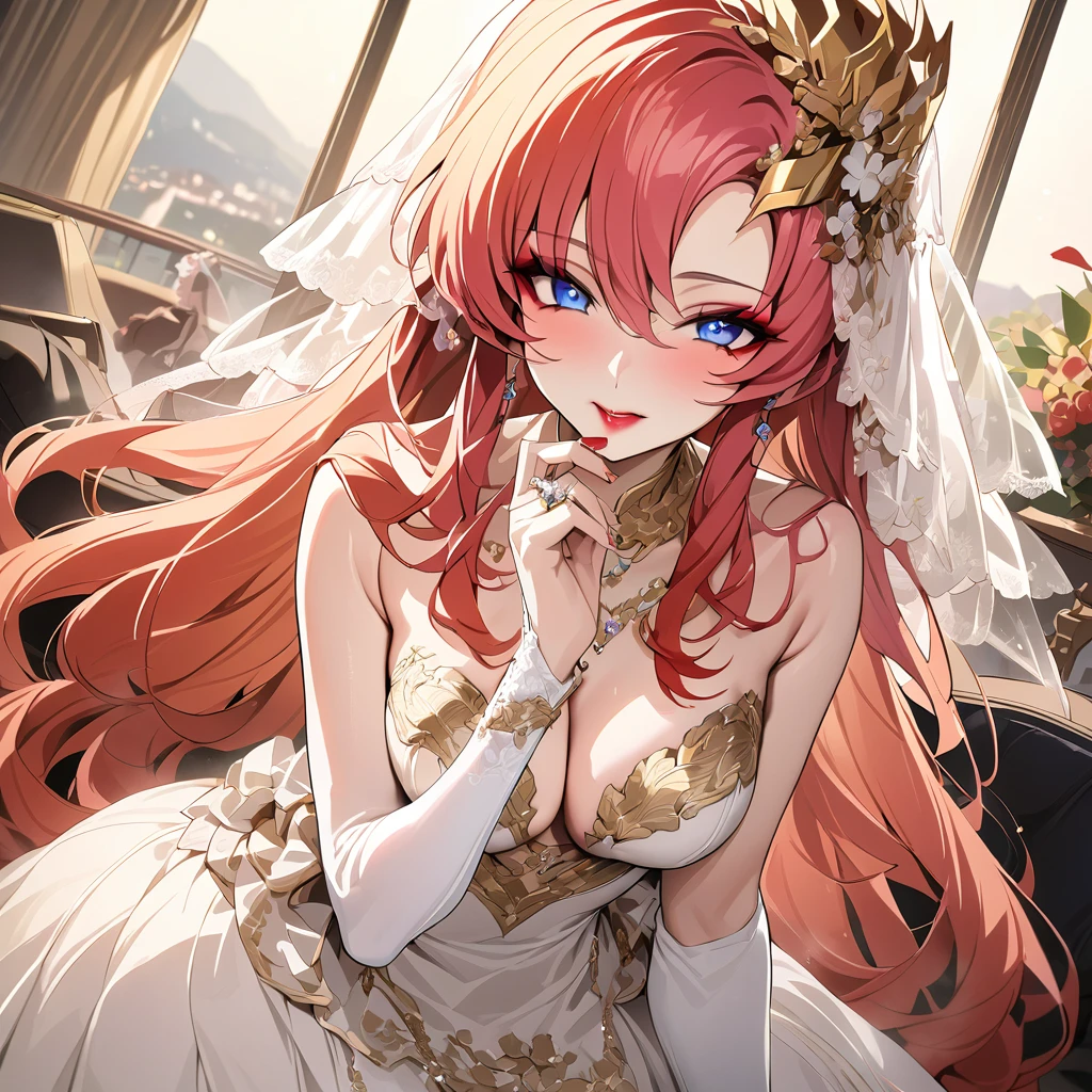 ((Highest quality)), ((masterpiece)), (detailed), (Perfect Face)、The woman is Lux Ram Tao, the Queen of Accord and wife of Orpheus, King of Accord. She is wearing lipstick and makeup, a vintage wedding dress and wedding veil with gorgeous gold embroidery and trim, an engagement ring, beautifully decorated accessories, and gorgeous hair ornaments. She has blue eyes and medium-long pink hair.、Beloved wife of Orpheus Lam Thao, King of Accord