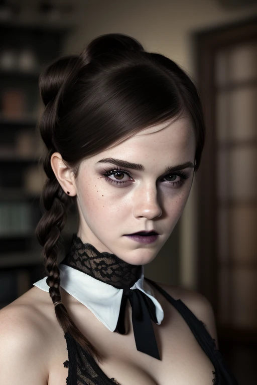 Emma Watson, cosplay, spooky, , (hyperdetailed) illustration of JaimeX as a real-life Wednesday Addams, (wearing a sexy gothgal outfit), black lace dress with a high white collar, pale skin, goth makeup, black hair parted down the middle, braided twintails, arms crossed, neutral expression, one arched eyebrow, (photorealistic:1.3), (detailed realistic skin:1.3), (detailed face and eyes), (masterpiece:1.5), (best quality:1.4), closeup, volumetric dim lighting, muted colors, parlor of a haunted house background,
