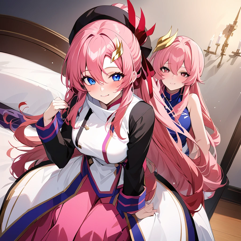 ((Highest quality)), ((masterpiece)), (detailed), (Perfect Face)、The woman is Lacus Ram Tao, a member of the Foundation and wife of Orpheum Tao, King of Accord. She is wearing the Foundation uniform, an engagement ring, beautifully decorated accessories, and a gorgeous hair ornament.、Lacus, Lam, Tao has blue eyes, medium-long pink hair, and loves Orpheus deeply and dearly.、Beloved wife of Orpheus Lam Thao, King of Accord