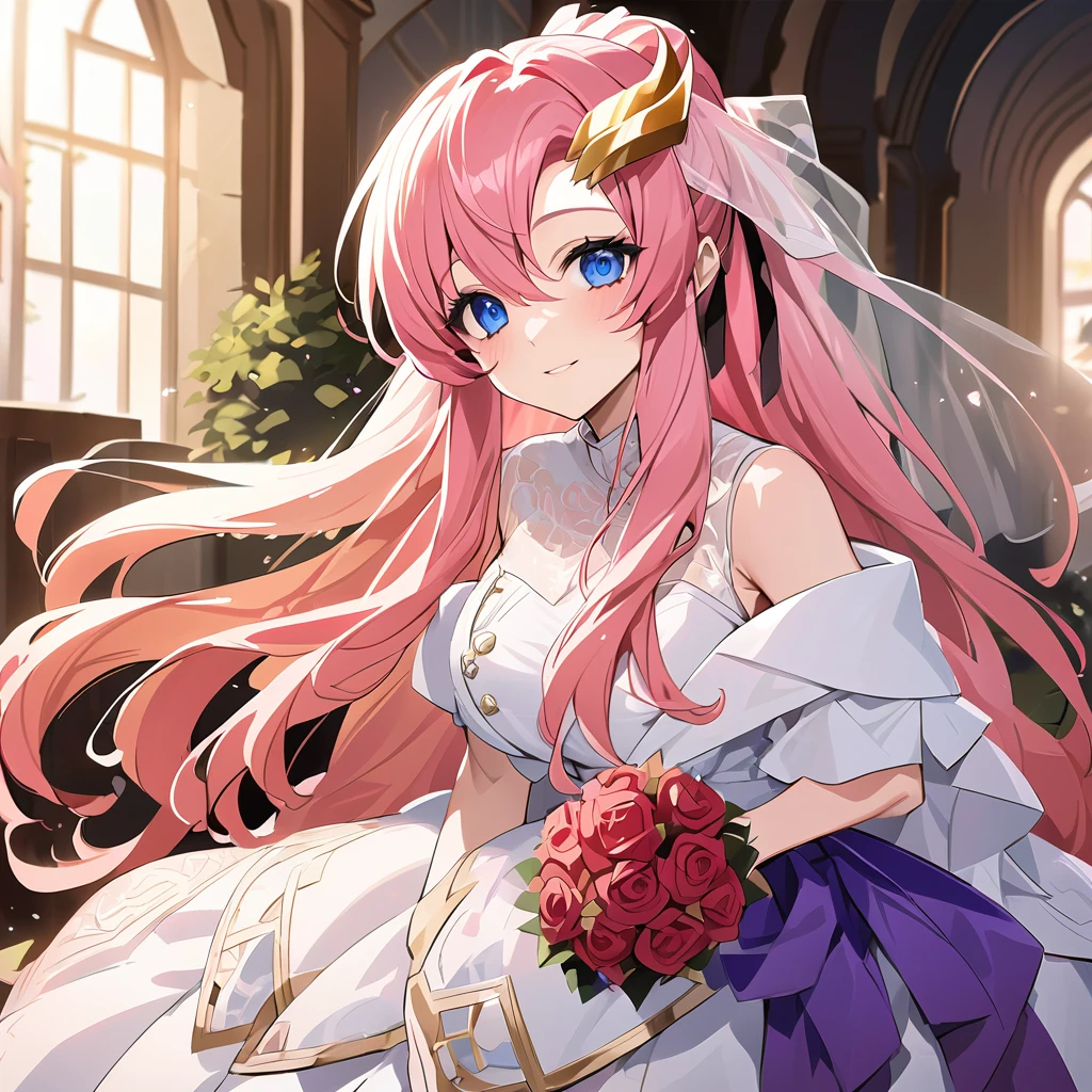 ((Highest quality)), ((masterpiece)), (detailed), （Perfect Face）、The woman is Lacus Lam Tao, the wife of Orpheus, King of Accord, and Queen of Accord. She is wearing a vintage wedding dress and wedding veil with gorgeous gold embroidery and trim, an engagement ring, beautifully decorated accessories, and gorgeous hair ornaments. She has blue eyes and medium-long pink hair.、Beloved wife of Orpheus Lam Thao, King of Accord